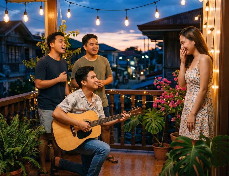 A young Filipino man kneels with a guitar to serenade a surprised woman on a balcony decorated with warm string lights during dusk.