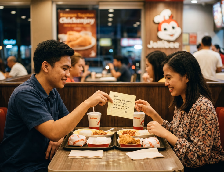 A young Filipino couple shares a meal in a cozy fast-food booth while the man slides a romantic handwritten note across the table.