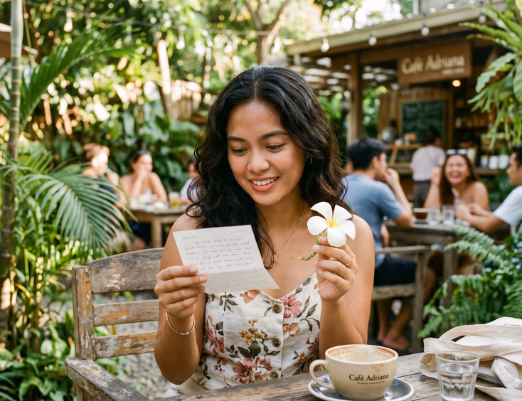 A young Filipino woman looks hopeful while reading a small love note and holding a single flower at a scenic outdoor coffee shop.