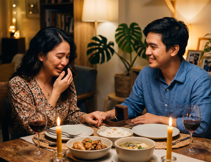 A Filipino man smiles warmly at his partner during a romantic candlelit dinner at home with an open engagement ring box on the table.