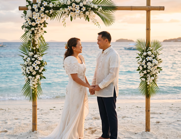 Filipino couple on Mactan beach, Cebu, at golden hour, holding hands under a bamboo arch with white tropical flowers for a wedding or vow renewal.
