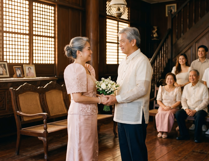 Filipino couple in their 50s celebrating an intimate wedding or vow renewal in a historic Cebu Spanish-colonial ancestral home.