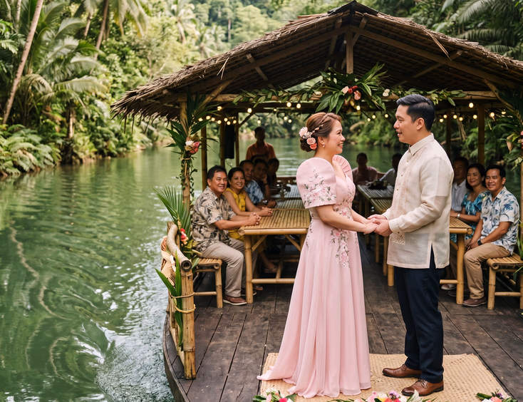 Filipino couple in their 40s exchanging vows on a floating restaurant on the Loboc River, Bohol, surrounded by tropical rainforest.