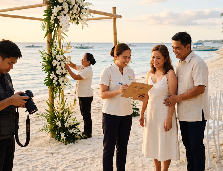 Filipino wedding coordinator reviewing plans with a couple at a Panglao beach venue setup in Bohol.