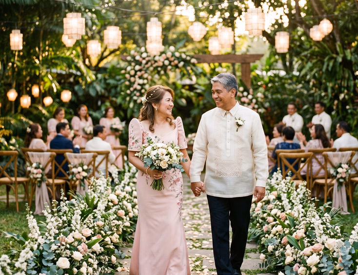 Romantic Filipino vow renewal at golden hour with a mature couple in modern Filipiniana and a piña barong tagalog.