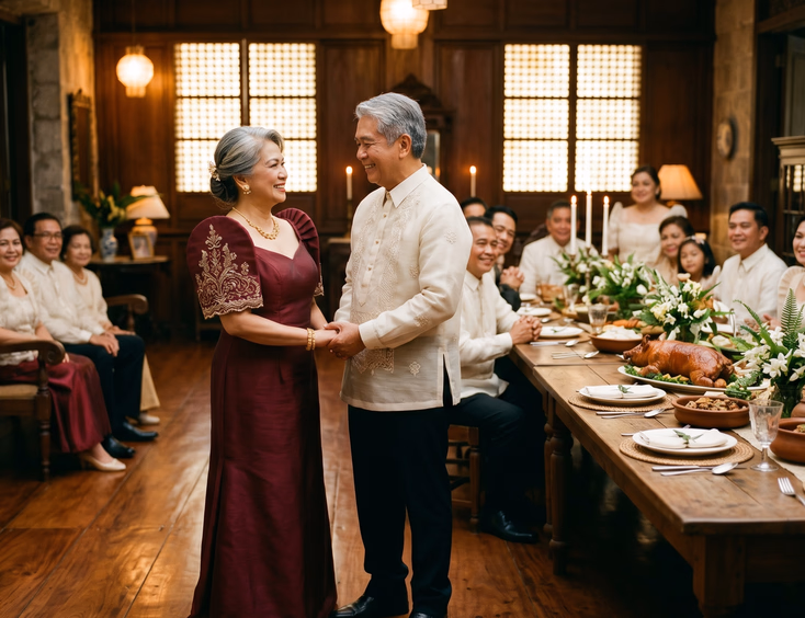 Heritage Filipino vow renewal in an ancestral home with a mature couple in traditional formal attire and a family feast.
