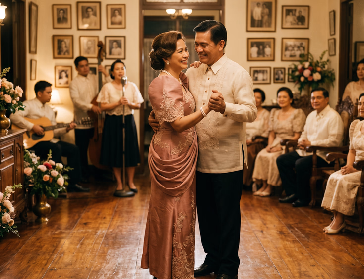 Vintage Filipino vow renewal scene in a 1950s heritage home, featuring a couple slow dancing in classic attire.