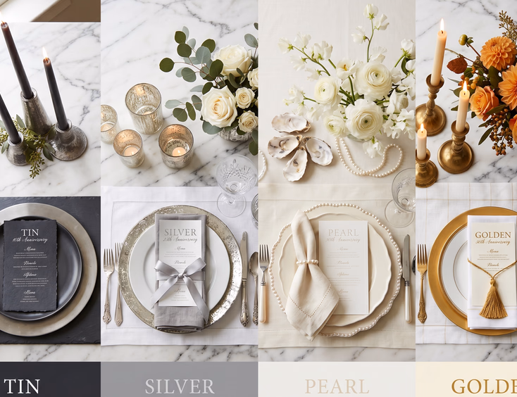 Styled flat-lay of four distinct milestone anniversary tablescapes arranged side by side on a marble surface.