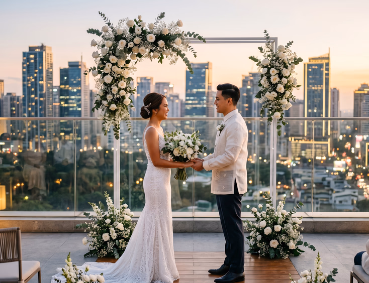 Filipino bride and groom exchanging vows at a modern rooftop wedding venue with the BGC or Makati city skyline during golden hour