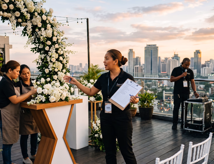 Filipino wedding coordinator directing rooftop venue setup with florists and sound technician against a Metro Manila city skyline backdrop
