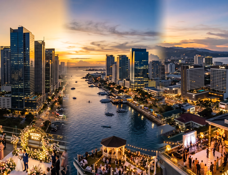 Split-view of Filipino urban wedding skylines featuring BGC Metro Manila, Cebu Business Park, and Davao hotel rooftops at twilight