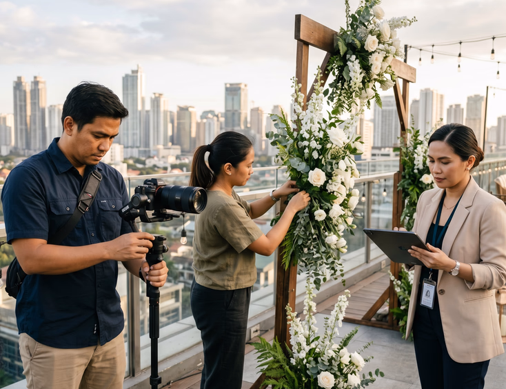 Filipino wedding photographer, florist, and planner collaborating during rooftop venue setup with a Philippine city skyline in the background