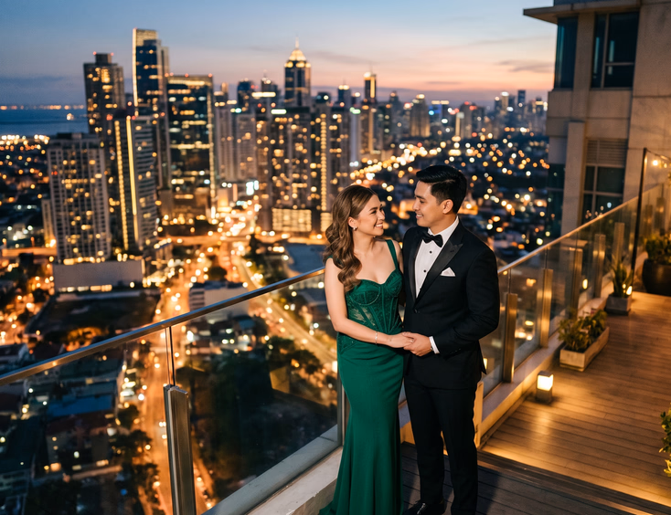 Filipino couple in formal attire posing on a high-rise rooftop terrace with the Manila skyline at blue hour for a prenup shoot.