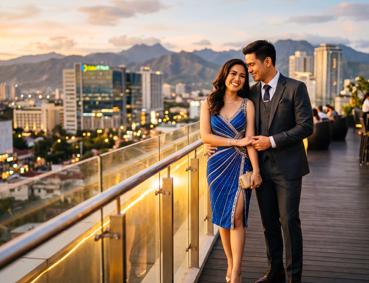 Filipino couple posing in semi-formal attire on a Cebu hotel rooftop at golden hour with the city skyline in the background.