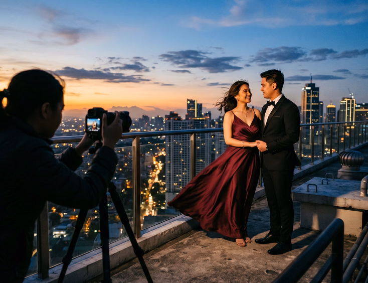 Filipino couple in a burgundy gown and black tuxedo posing on a rooftop edge during twilight for a prenup shoot.
