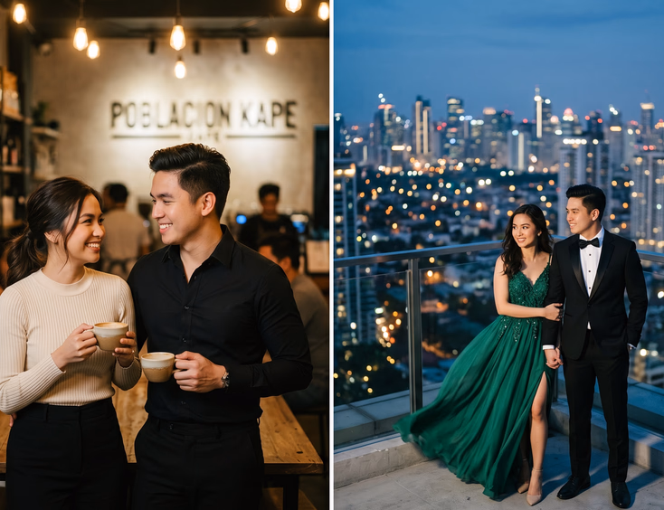 Split composition of a Filipino couple in contrasting prenup settings: a moody Poblacion cafe and a high-rise rooftop at blue hour.