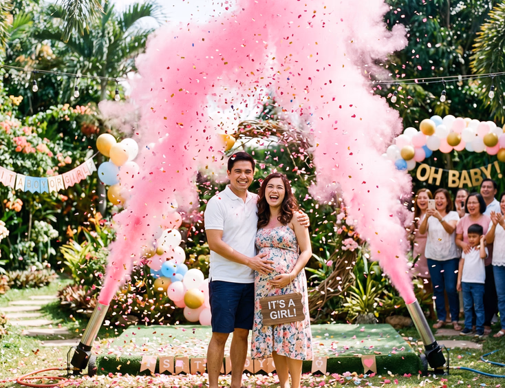 A joyful Filipino couple celebrates their baby's gender reveal in a bright outdoor garden with a safe colored powder cloud and confetti.