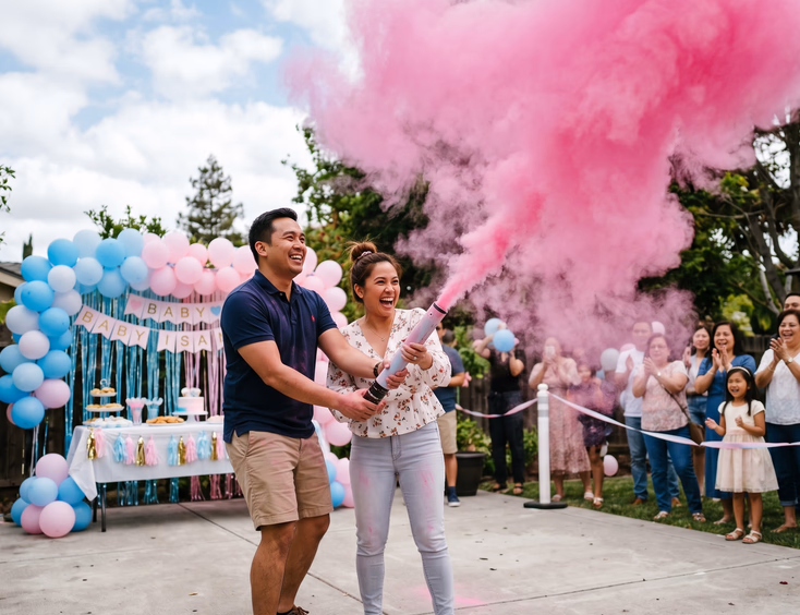 A Filipino couple releases a thick, safe cornstarch powder cloud from a cannon at their gender reveal in an open paved outdoor area during daylight.