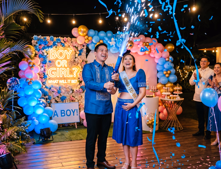 A Filipino couple celebrates an evening gender reveal with an air-powered streamer cannon and glowing LED balloons, creating a festive, safe night mood.