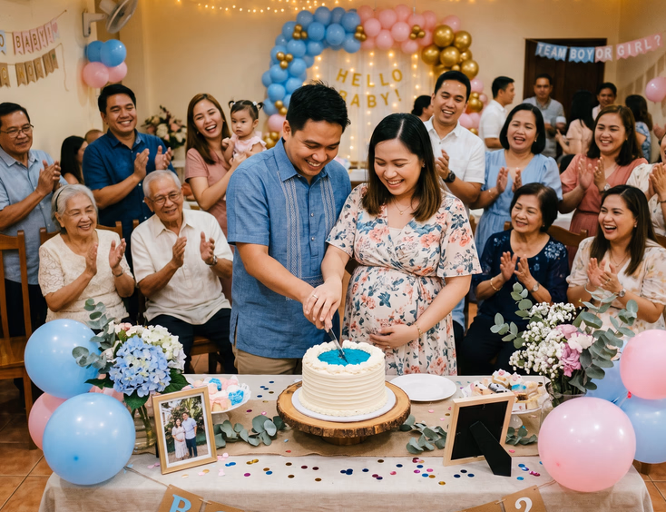 A Filipino family gathers indoors as a couple cuts a tinted cake to reveal their baby's gender on a clean decorated table with warm indoor light.