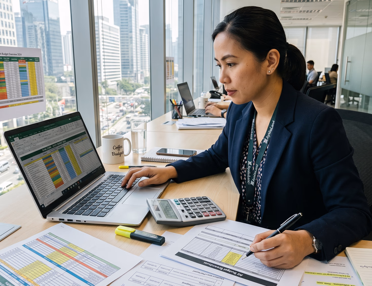 Filipino corporate planner and finance manager review event budget spreadsheets on a laptop inside a bright, modern Makati office.