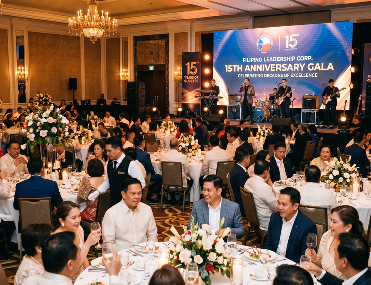 Filipino corporate anniversary event in a hotel ballroom with guests in smart formal attire, round tables, and branded LED stage wall.