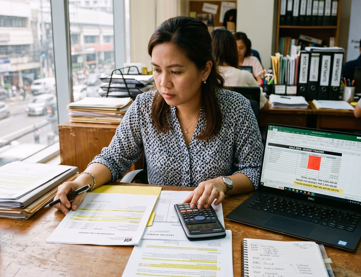 Filipino event organizer reviews supplier invoices, overtime billing reports, and a budget tracker at her desk in a Manila events office.
