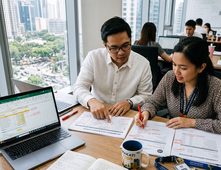Filipino finance officer and event coordinator review flagged budget documents and corrected spreadsheets in a Makati corporate office.