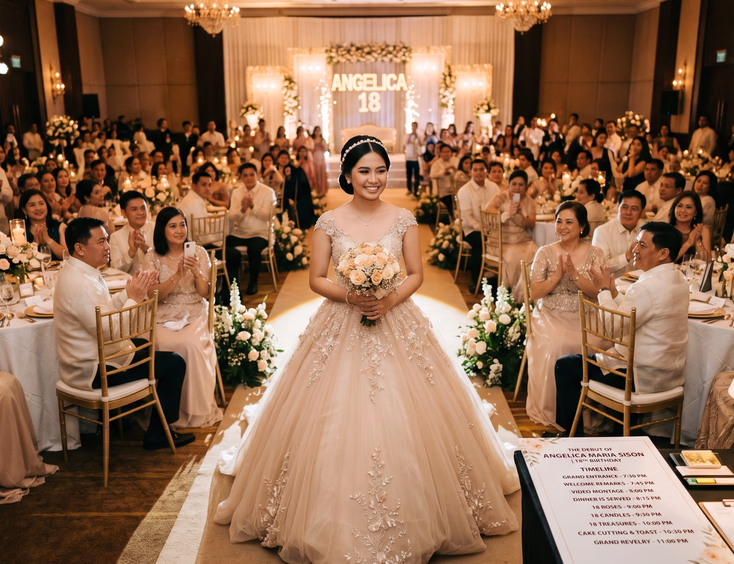Filipina debutante in a champagne gown walks down the aisle for her grand entrance in a softly lit ballroom with guests watching.