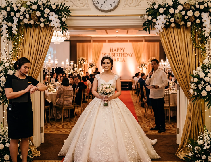 Filipina debutante in an ivory gown stands at ballroom entrance at 6:58 PM, ready for grand entrance with a coordinator.