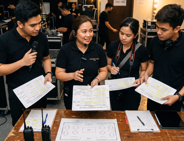 Filipina coordinator reviews the debut program flow with the emcee, photographer, and DJ backstage around a table with clipboards.