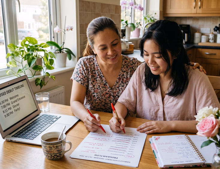 Filipina debutante and her mother sit at a kitchen table in natural light, editing the debut program timeline with a red pen.