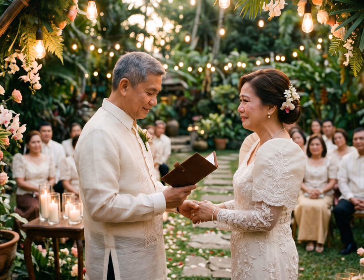 Emotional Filipino couple in their 50s during a garden vow renewal as the husband reads Tagalog vows in traditional attire.