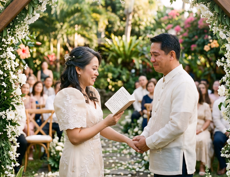 Filipina woman in a modern Filipiniana reading handwritten Tagalog vows to her husband during a garden ceremony.