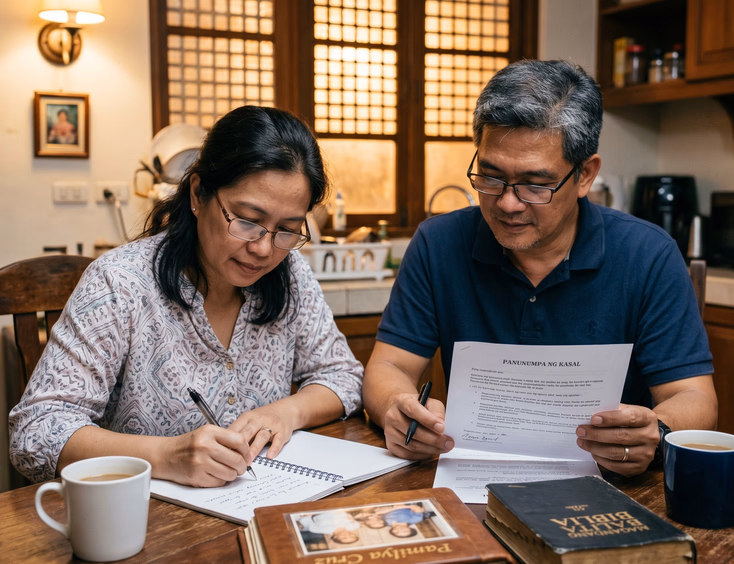 Filipino couple in their 40s sitting at a kitchen table writing Tagalog vow drafts for their renewal.