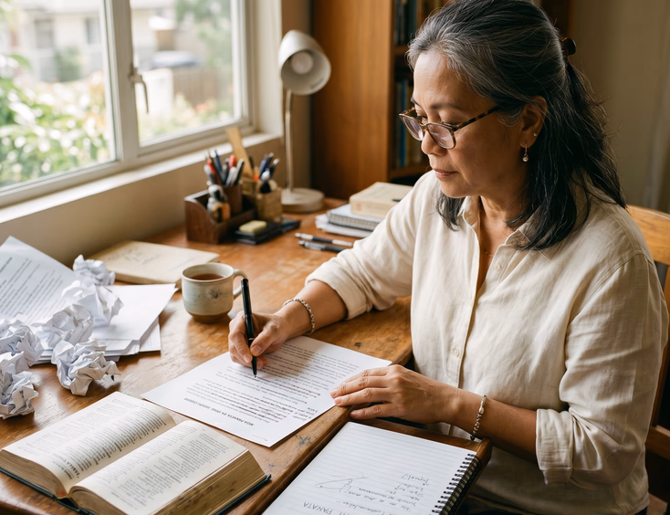 Mature Filipina woman wearing glasses edits a Tagalog vow draft at a writing desk.