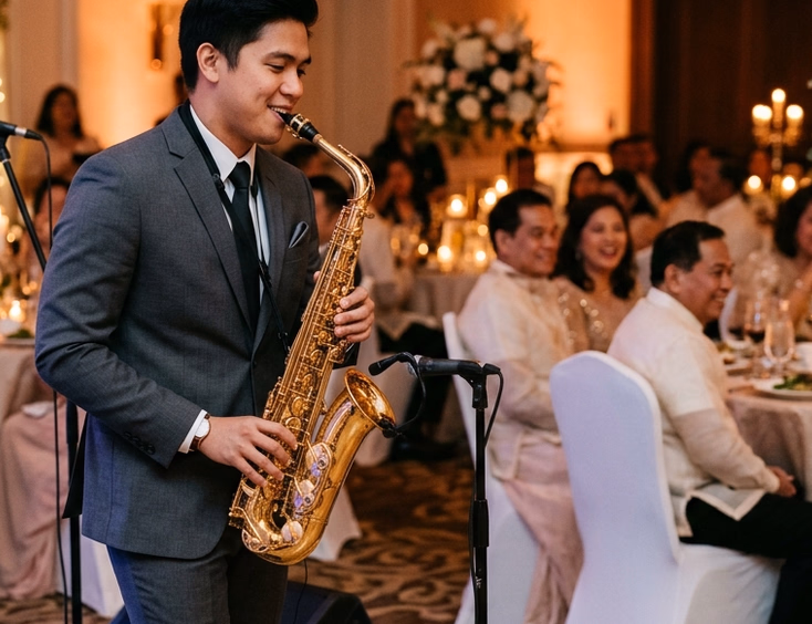 Filipino male saxophonist in a charcoal suit playing a gold alto saxophone at a candlelit wedding reception ballroom with blush floral centerpieces