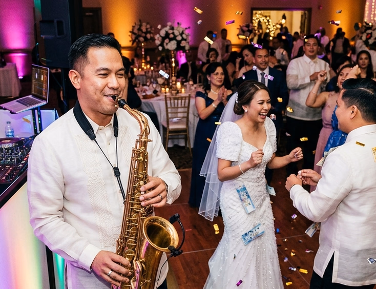 Filipino male saxophonist in a barong tagalog performing beside a DJ booth during a lively wedding reception money dance with colorful uplighting and confetti