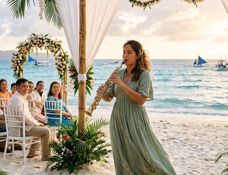 Filipino female saxophonist in a sage green dress playing a soprano saxophone under a bamboo canopy at a beachfront Boracay wedding ceremony during golden hour