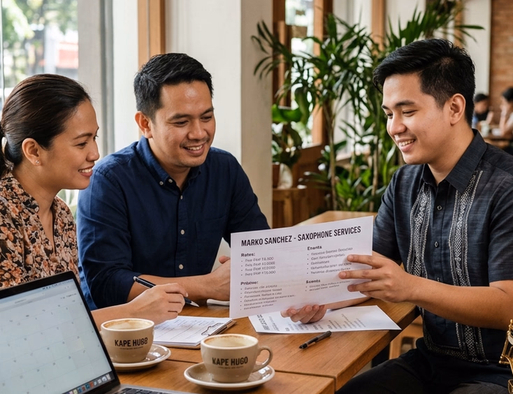 Filipino couple reviewing a printed rate sheet with a male saxophonist at a modern cafe with a saxophone on a stand beside the table