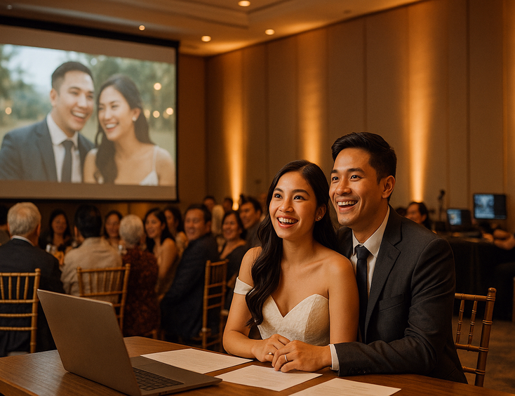 Young Filipino couple watching their SDE on a ballroom screen with guests emotional and lights dimmed
