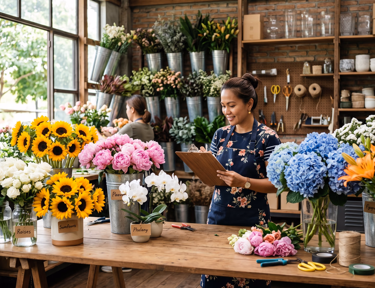 Filipino female florist standing behind a long wooden work table reviewing a clipboard inside a bright flower workshop surrounded by sorted clusters of white roses, sunflowers, peonies, orchids, hydrangeas, and orange lilies