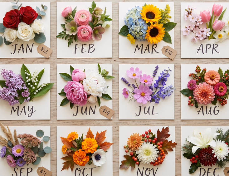 Top-down flat lay of twelve monthly flower cards arranged in a grid on a light wooden surface each topped with seasonal blooms representing peak flowers from January through December with small handwritten price tags