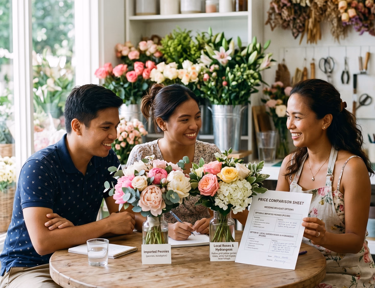 Filipino couple and female florist comparing two sample bouquets of imported peonies versus local garden roses and hydrangeas at a consultation table inside a bright floral studio with a printed price comparison sheet