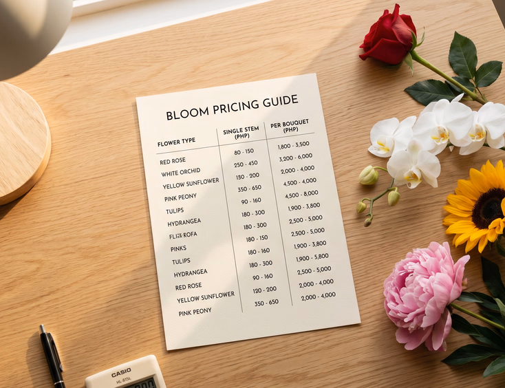 Overhead close-up of a printed Philippine peso flower pricing chart on a white desk with loose reference stems of a red rose, white orchid, sunflower, and pink peony alongside a pen and calculator