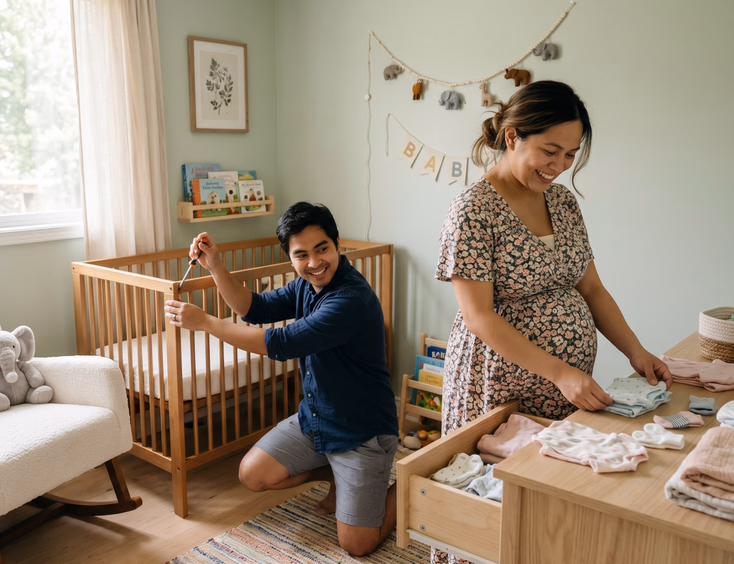 A young Filipino couple sets up a calm nursery together; the husband adjusts a crib while the pregnant wife organizes clothes in natural light.