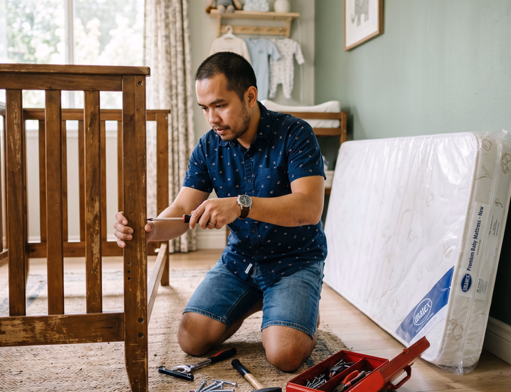 A resourceful Filipino father focuses on assembling a secondhand wooden crib in a bright nursery with tools and a new mattress nearby.