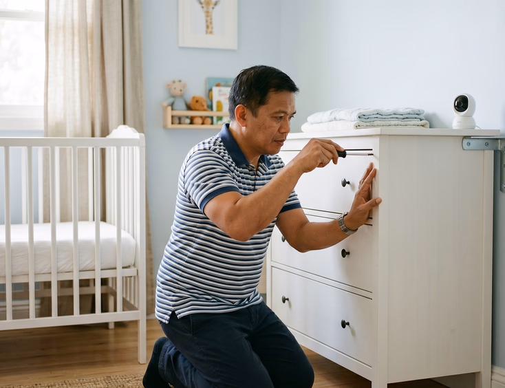 A safety-conscious Filipino father carefully anchors a wooden dresser to the nursery wall while a bare crib is visible in the clean, bright room.