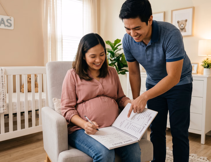 A happy Filipino couple reviews a budget notebook in a finished nursery, the pregnant wife relaxes in a chair while the husband shows savings.