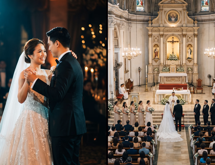 Split-screen comparison of a cinematic slow-motion first dance still of a Filipino bride and groom under warm spotlight on the left versus a wide multi-camera church ceremony frame with the full entourage and congregation on the right.